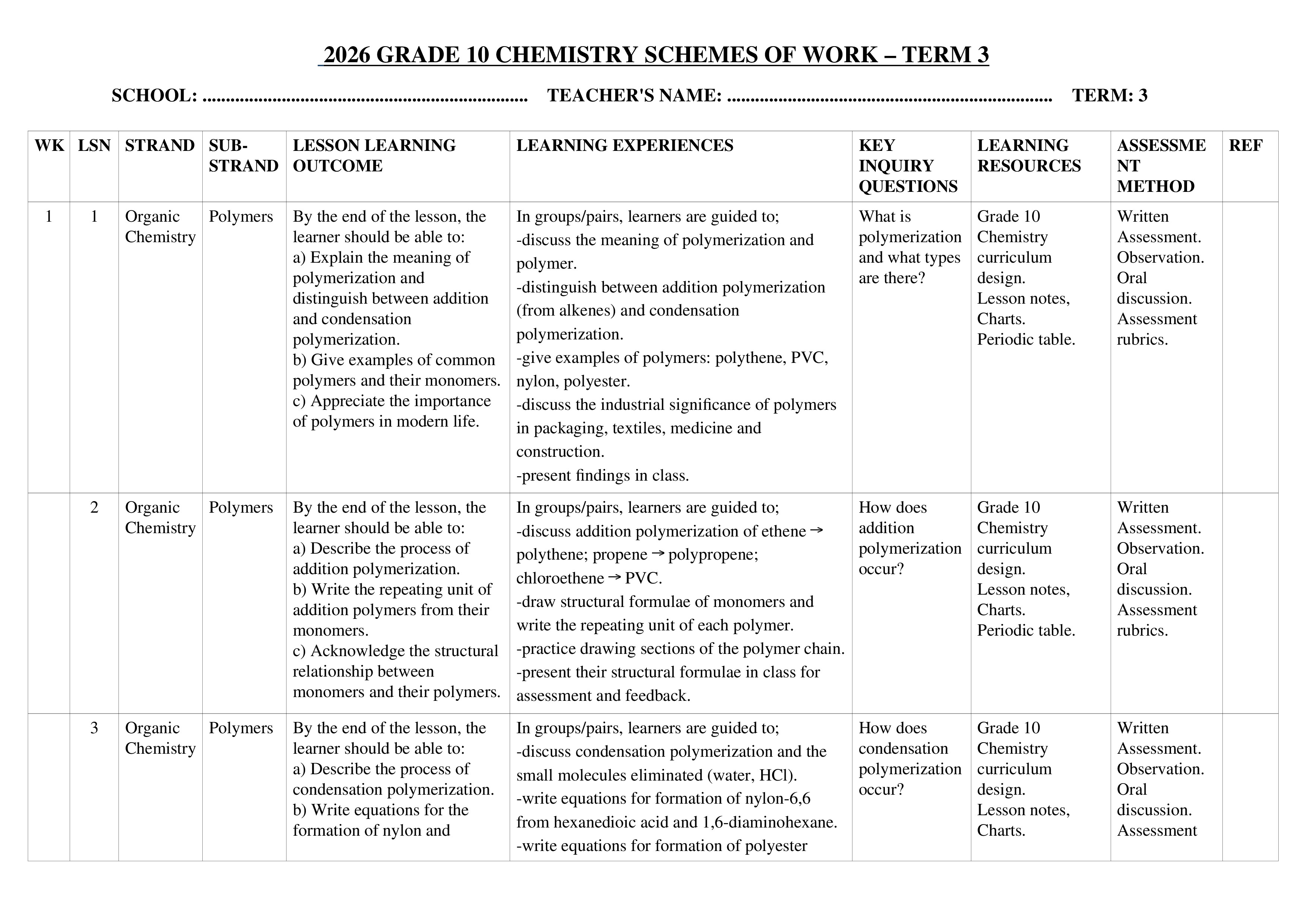 2026 GRADE 10 CHEMISTRY SCHEMES OF WORK TERM 3 (OPEN)