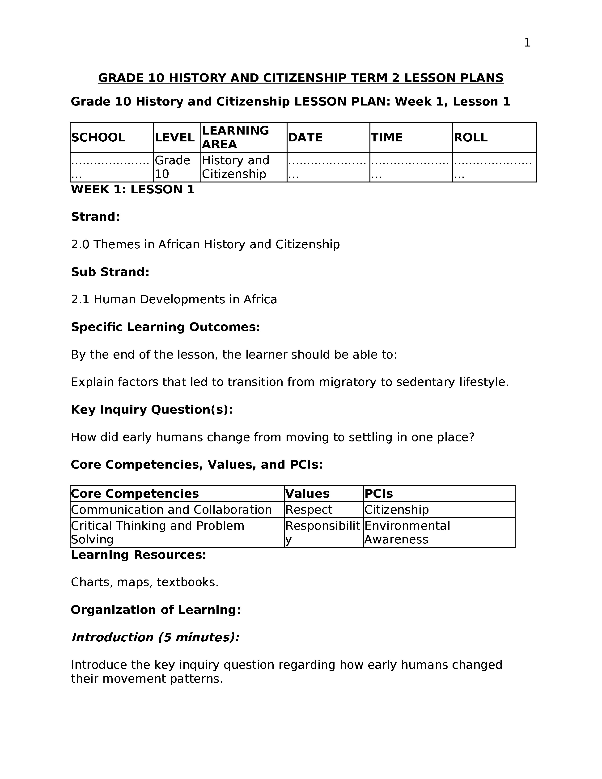 Grade 10 History and citizenship lesson plan term 2 2026