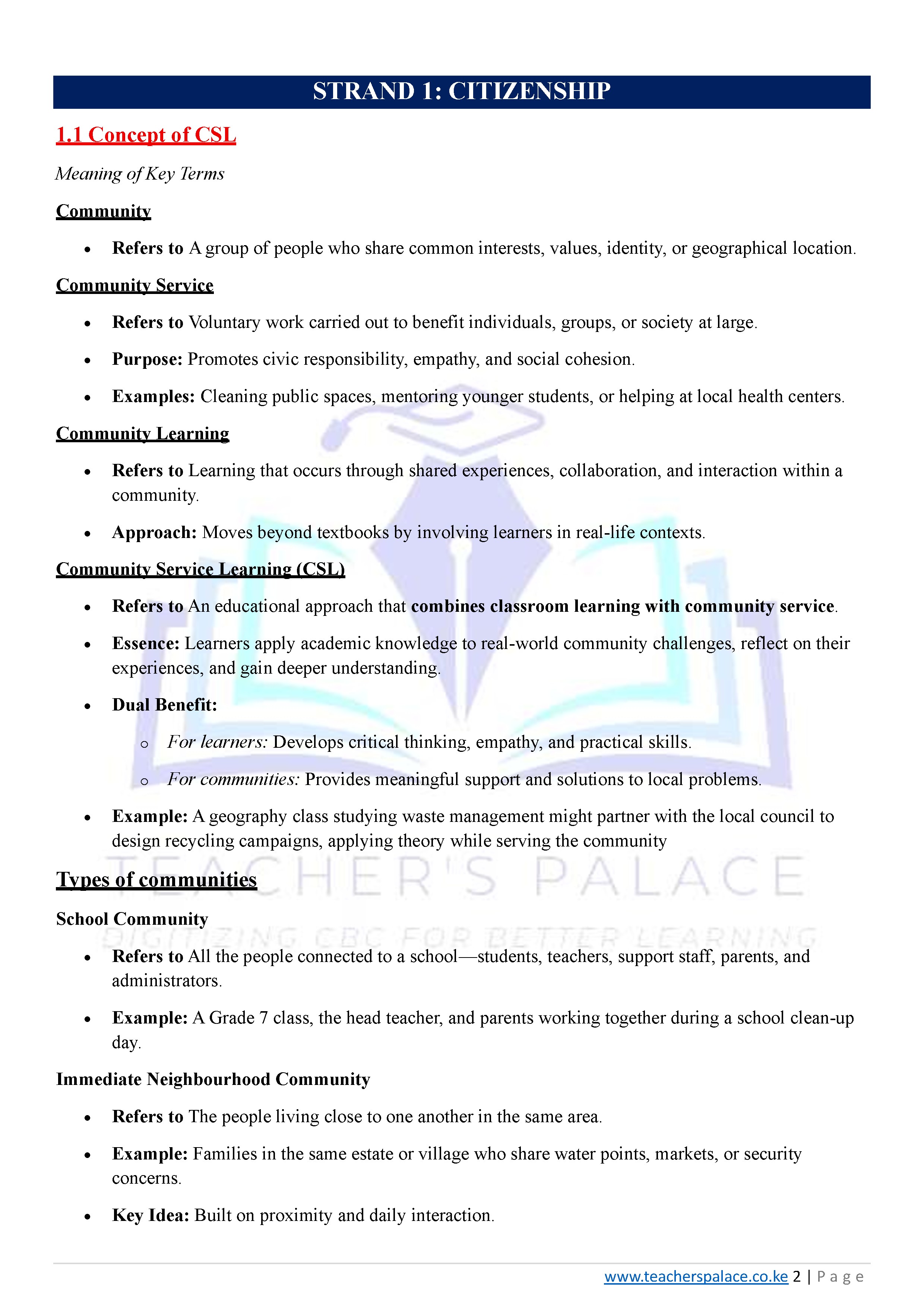 GRADE 10 COMMUNITY SERVICE LEARNING CSL LESSON NOTES whole Year 