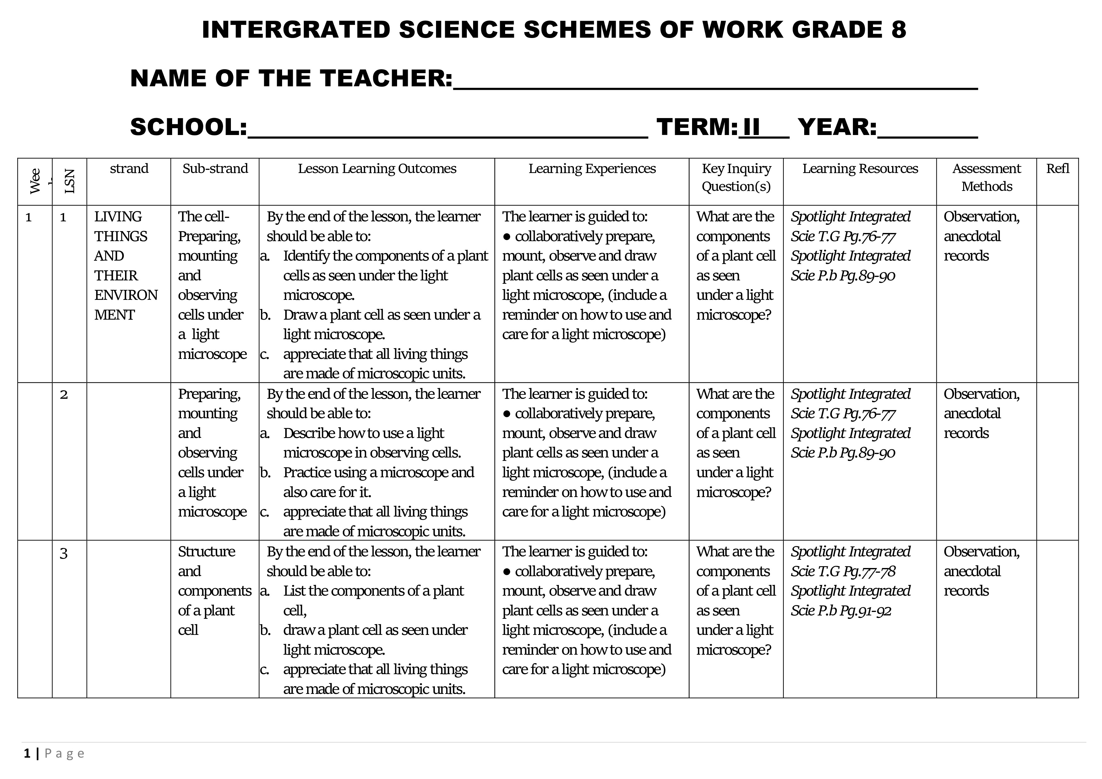 Sw Science Grade 8 SPOTLIGHT INTEGRATED SCIENCE GRADE 8 SCHEMES OF WORK TERM 2- UPDATED NEW