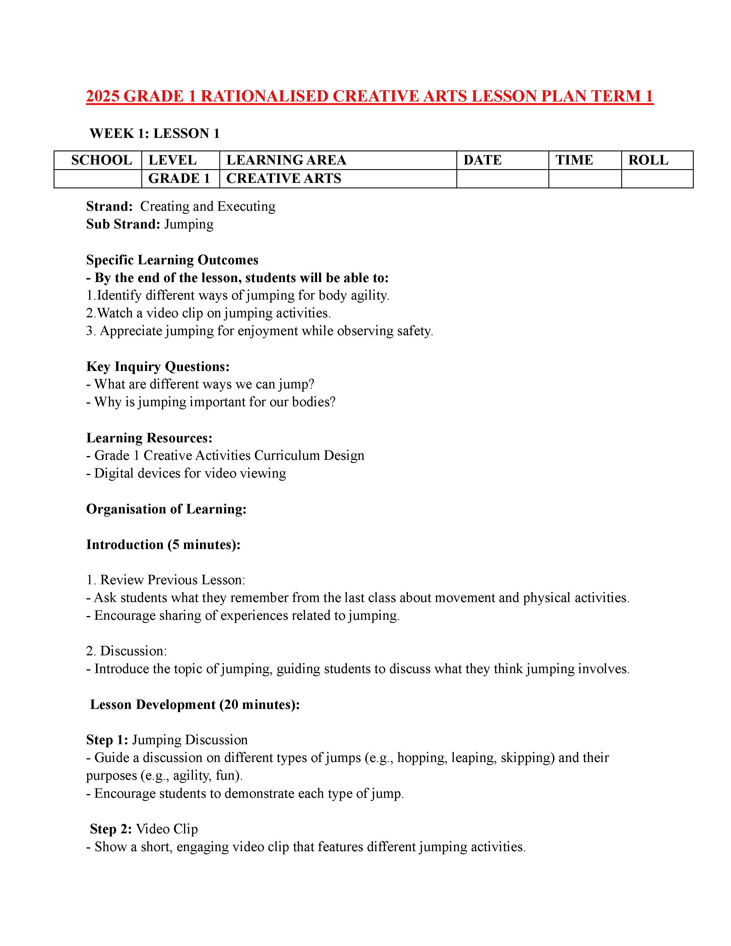 Grade 1 rationalised creative arts lesson plan term 1 2025