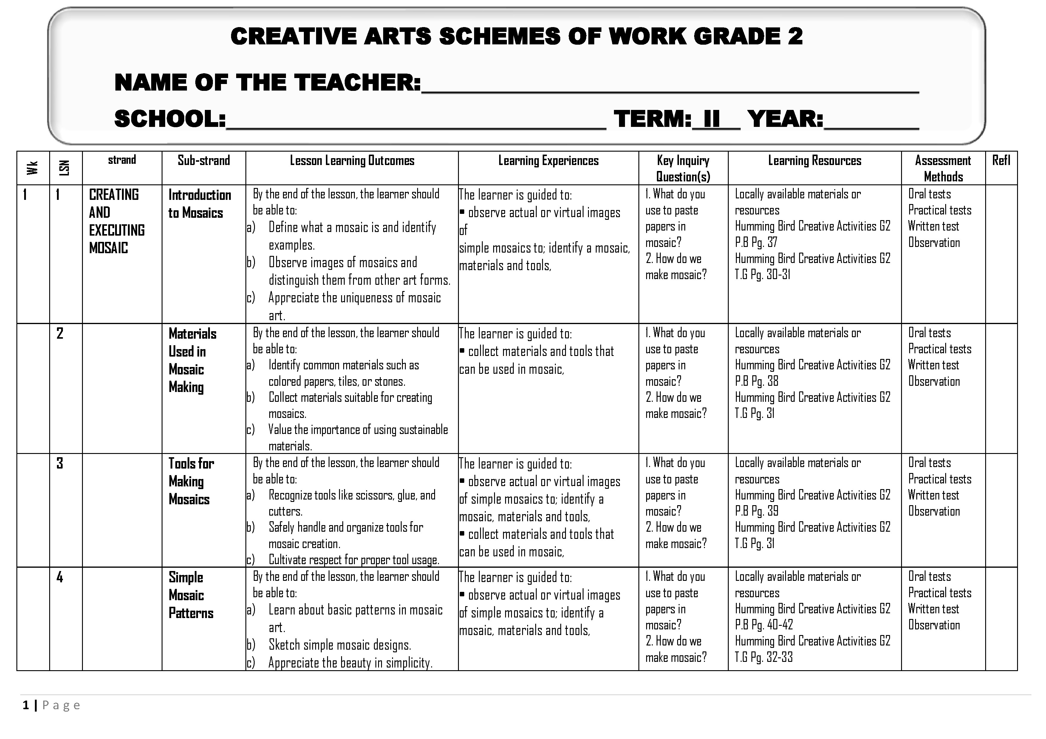 HUMMING BIRD CREATIVE ARTS SCHEMES OF WORK GRADE 2 TERM 2 (Updated New!