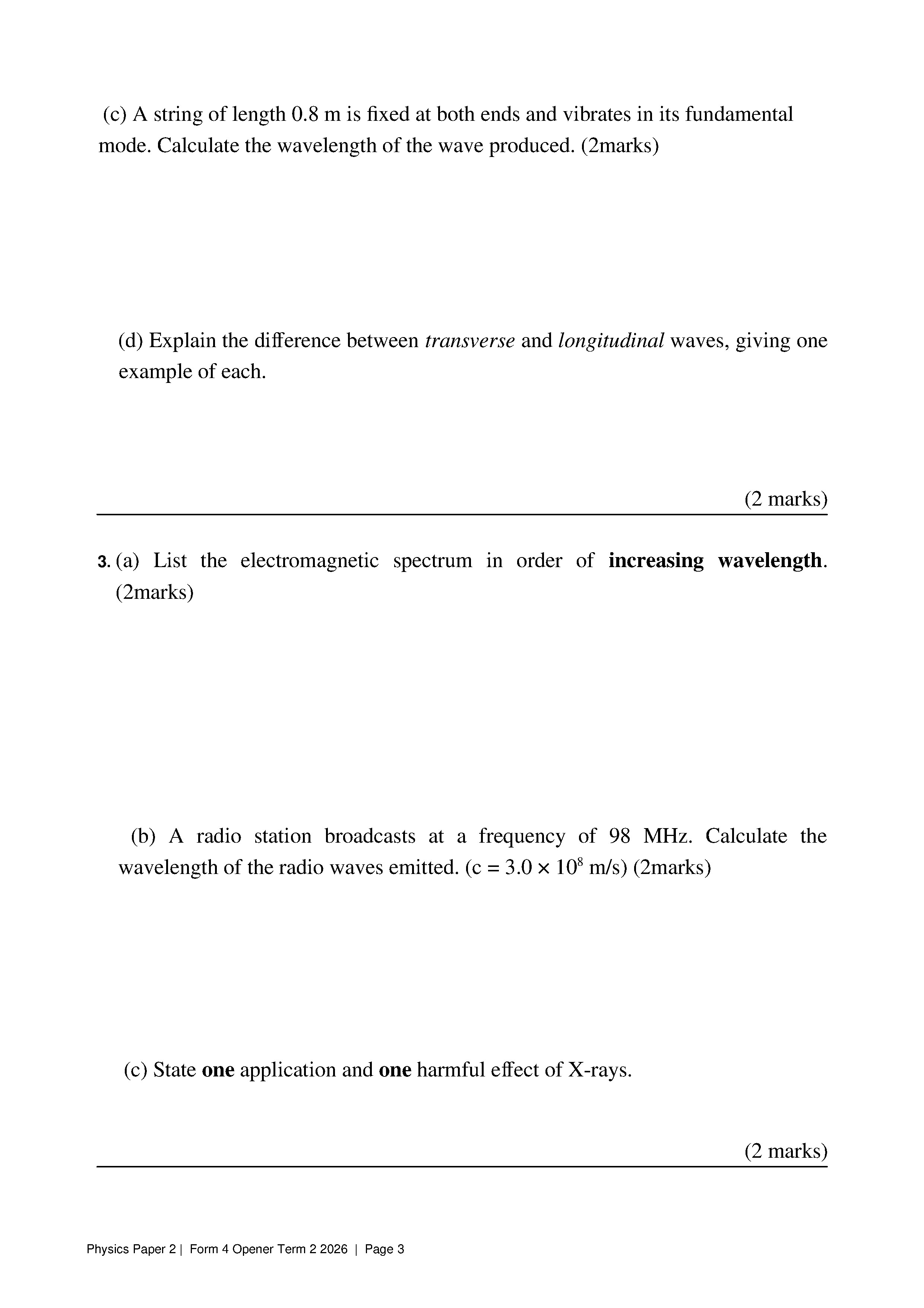 Form 4 Physics Term 2 2026 opener exam