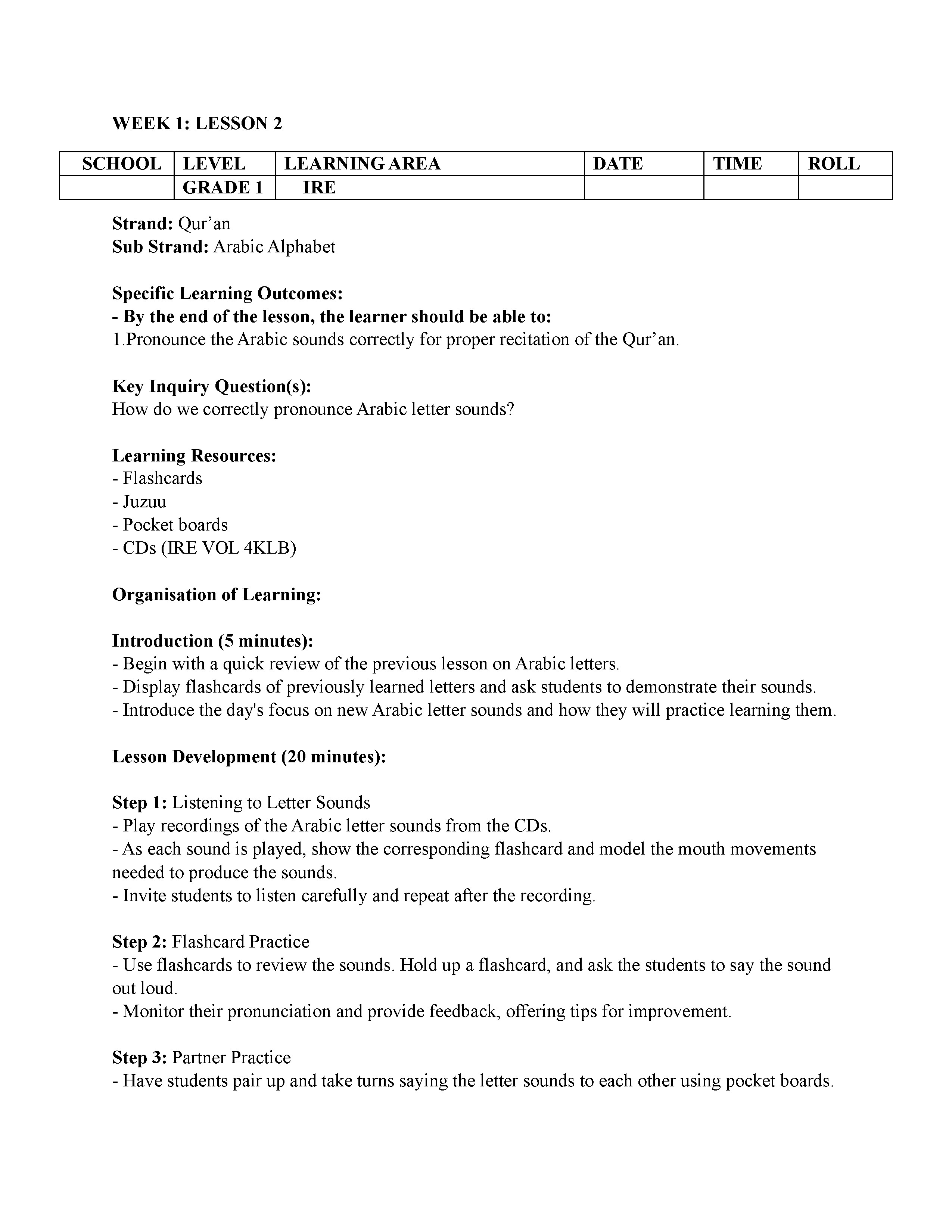 Grade 1 rationalised ire lesson plan term 1 2025