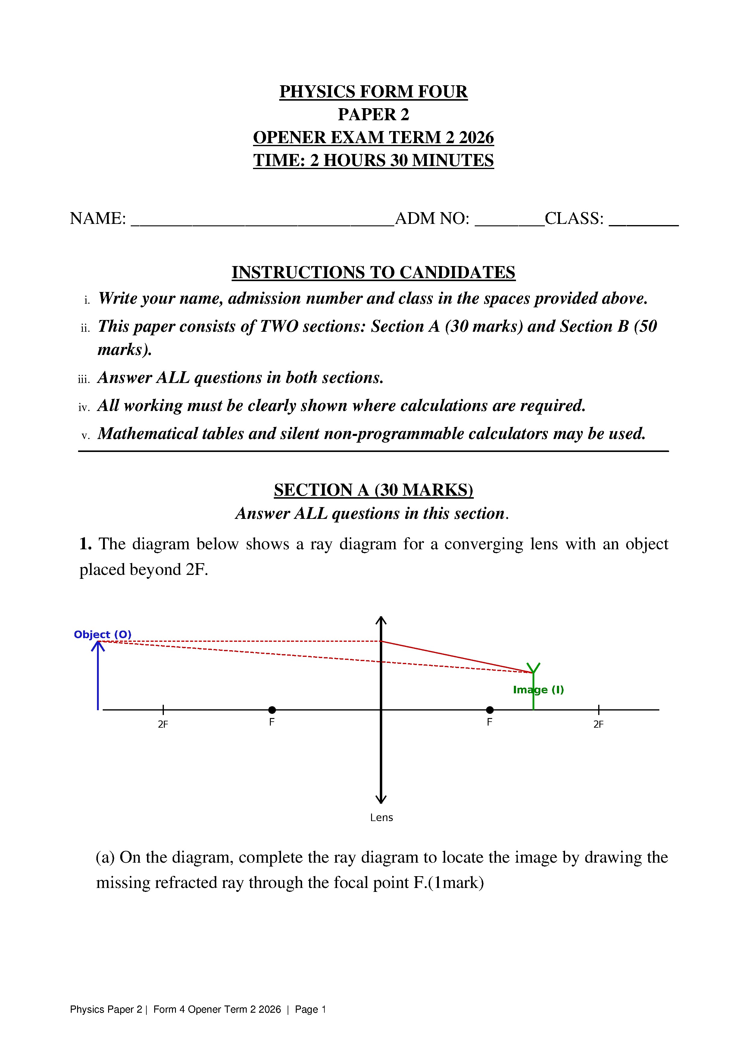 Form 4 Physics Term 2 2026 opener exam